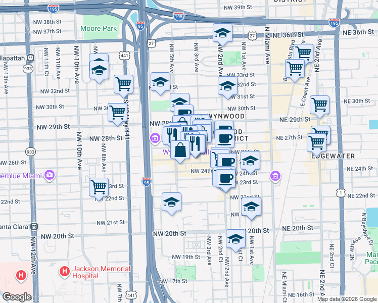 map of restaurants, bars, coffee shops, grocery stores, and more near 405 Northwest 26th Street in Miami
