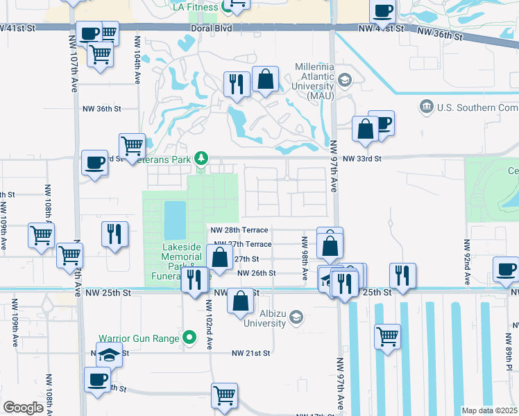 map of restaurants, bars, coffee shops, grocery stores, and more near 9940 Northwest 29th Terrace in Doral