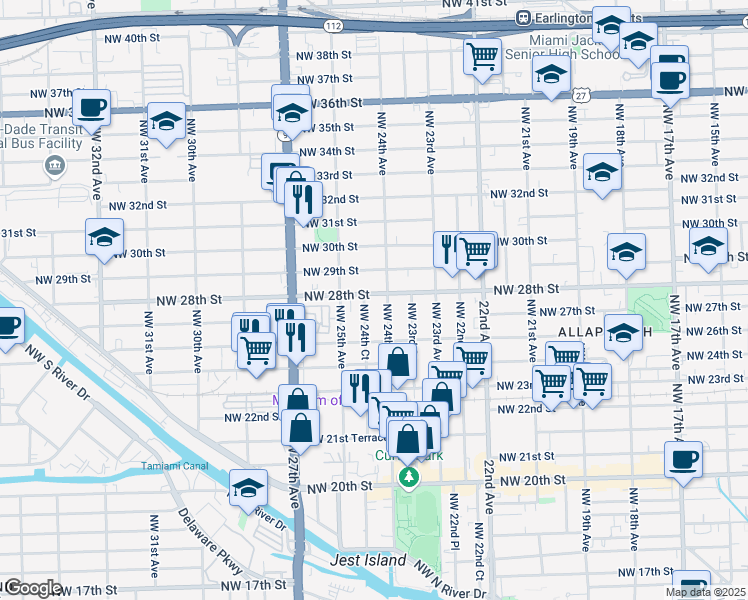 map of restaurants, bars, coffee shops, grocery stores, and more near 2430 Northwest 28th Street in Miami