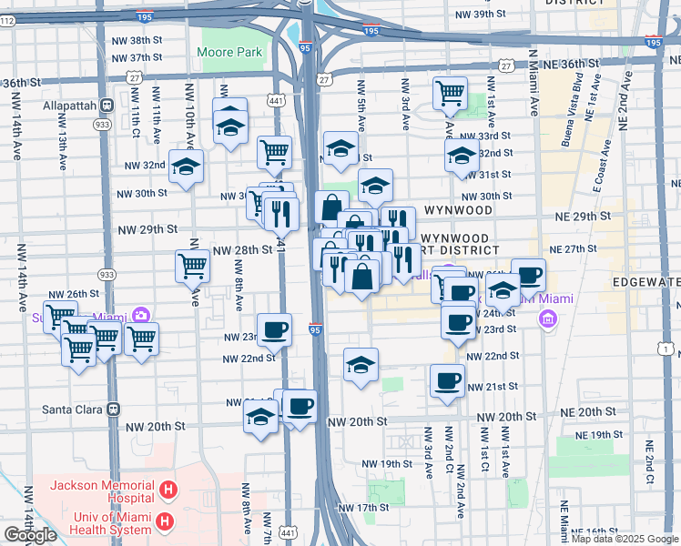 map of restaurants, bars, coffee shops, grocery stores, and more near 584 Northwest 27th Street in Miami