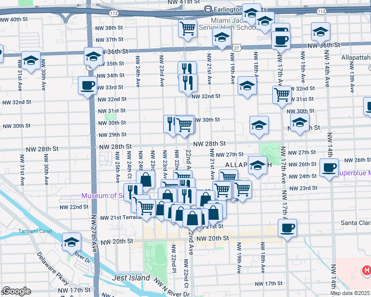 map of restaurants, bars, coffee shops, grocery stores, and more near 2730 Northwest 22nd Avenue in Miami