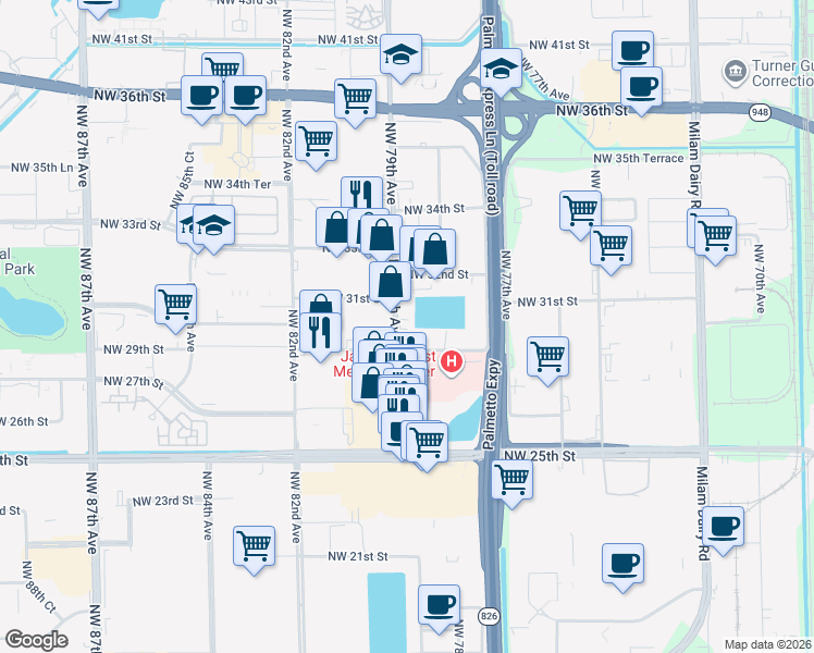 map of restaurants, bars, coffee shops, grocery stores, and more near 2981 Northwest 79th Avenue in Doral