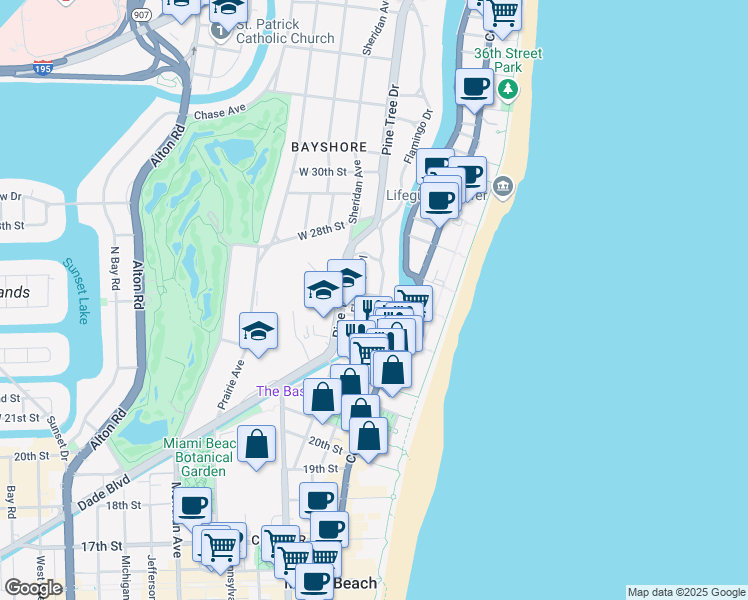 map of restaurants, bars, coffee shops, grocery stores, and more near 320 West 25th Street in Miami Beach