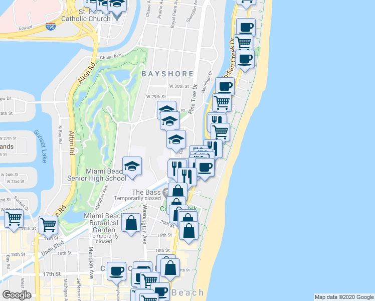 map of restaurants, bars, coffee shops, grocery stores, and more near 320 West 25th Street in Miami Beach