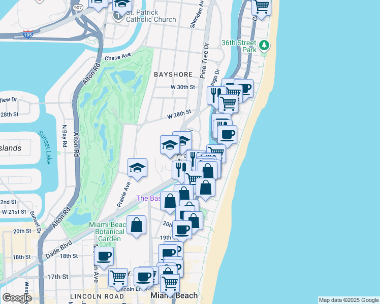 map of restaurants, bars, coffee shops, grocery stores, and more near 320 West 25th Street in Miami Beach