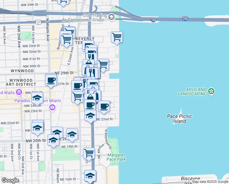 map of restaurants, bars, coffee shops, grocery stores, and more near 19380 Northeast 26th Street in Miami