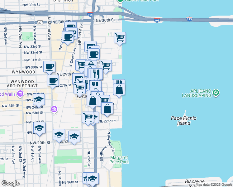 map of restaurants, bars, coffee shops, grocery stores, and more near 19380 Northeast 26th Street in Miami