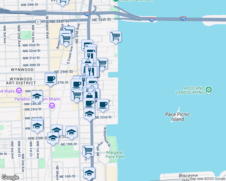 map of restaurants, bars, coffee shops, grocery stores, and more near 19380 Northeast 26th Street in Miami