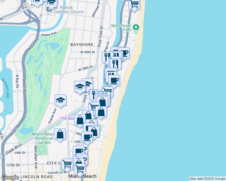 map of restaurants, bars, coffee shops, grocery stores, and more near in Miami Beach