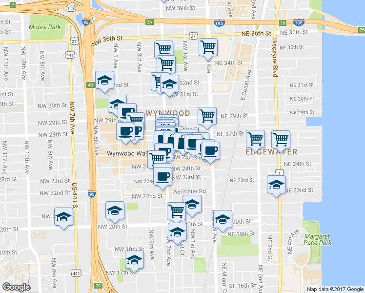 map of restaurants, bars, coffee shops, grocery stores, and more near 123 Northwest 26th Street in Miami