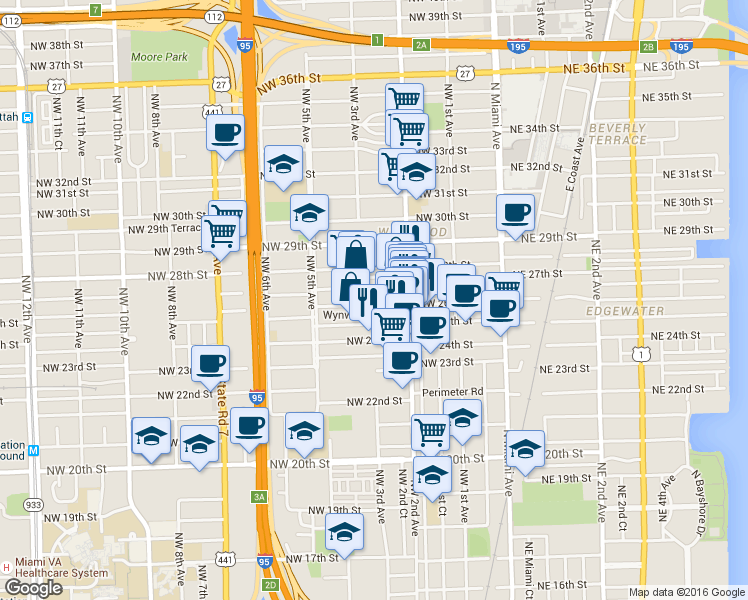 map of restaurants, bars, coffee shops, grocery stores, and more near 275 Northwest 26th Street in Miami