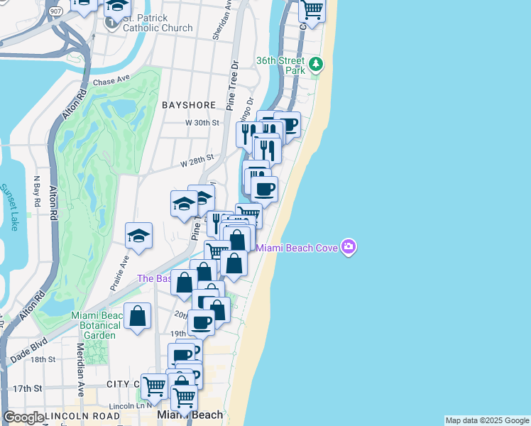 map of restaurants, bars, coffee shops, grocery stores, and more near 2555 Collins Avenue in Miami Beach