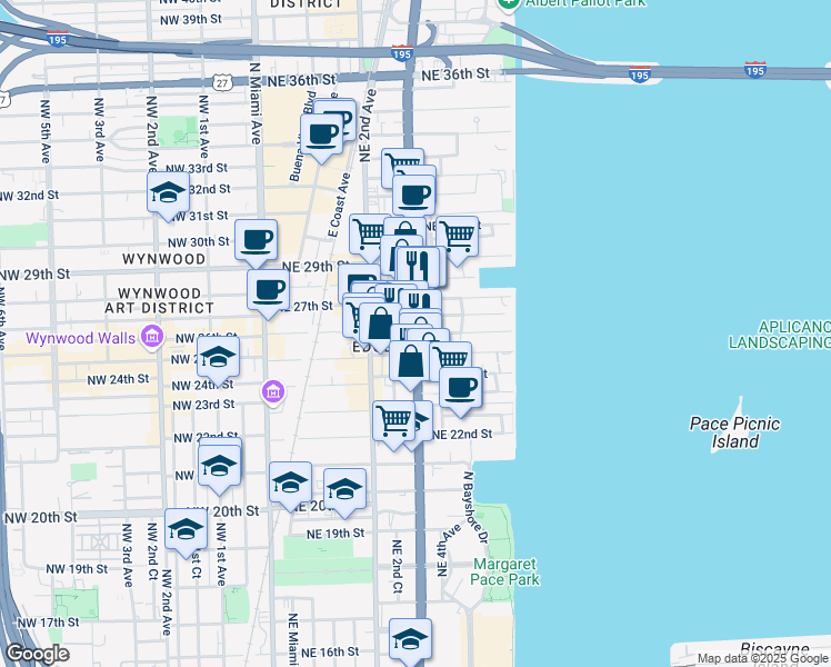 map of restaurants, bars, coffee shops, grocery stores, and more near Biscayne Boulevard & Northeast 26th Street in Miami