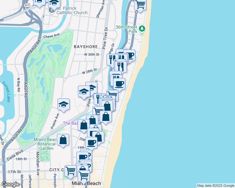 map of restaurants, bars, coffee shops, grocery stores, and more near in Miami Beach
