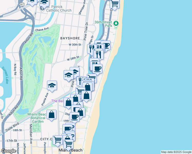 map of restaurants, bars, coffee shops, grocery stores, and more near 2555 Collins Avenue in Miami Beach