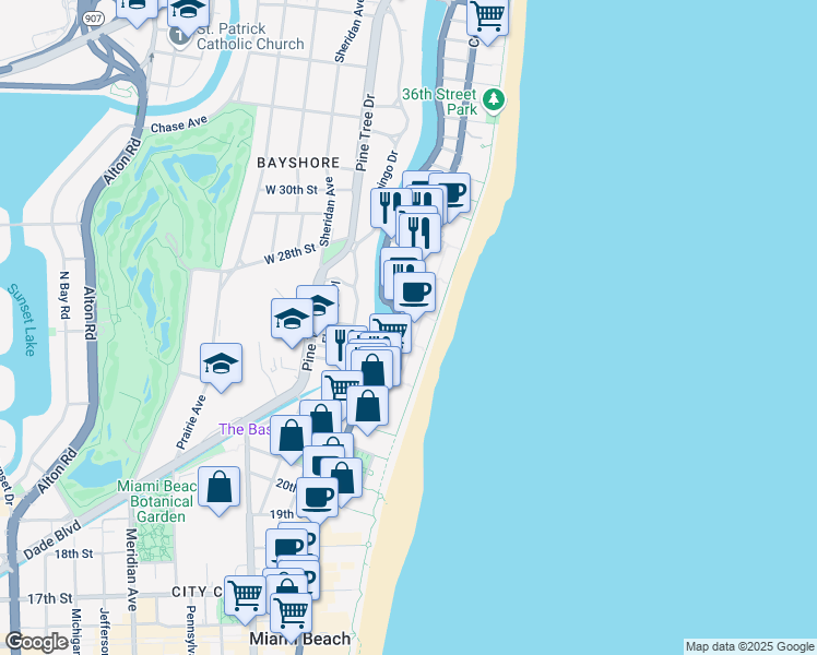 map of restaurants, bars, coffee shops, grocery stores, and more near in Miami Beach