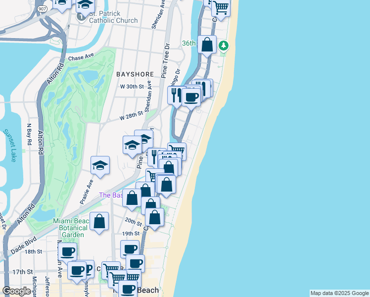 map of restaurants, bars, coffee shops, grocery stores, and more near in Miami Beach
