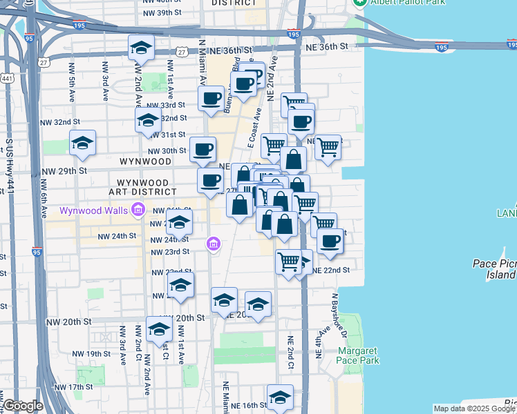 map of restaurants, bars, coffee shops, grocery stores, and more near in Miami