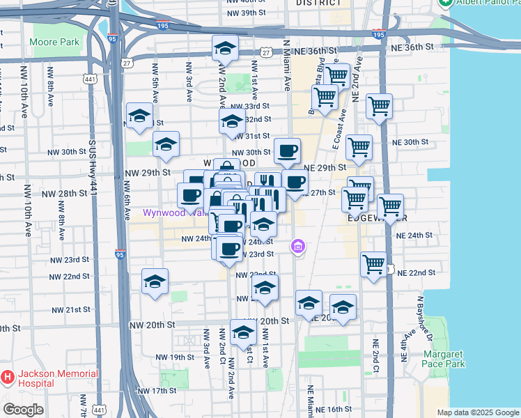 map of restaurants, bars, coffee shops, grocery stores, and more near in Miami