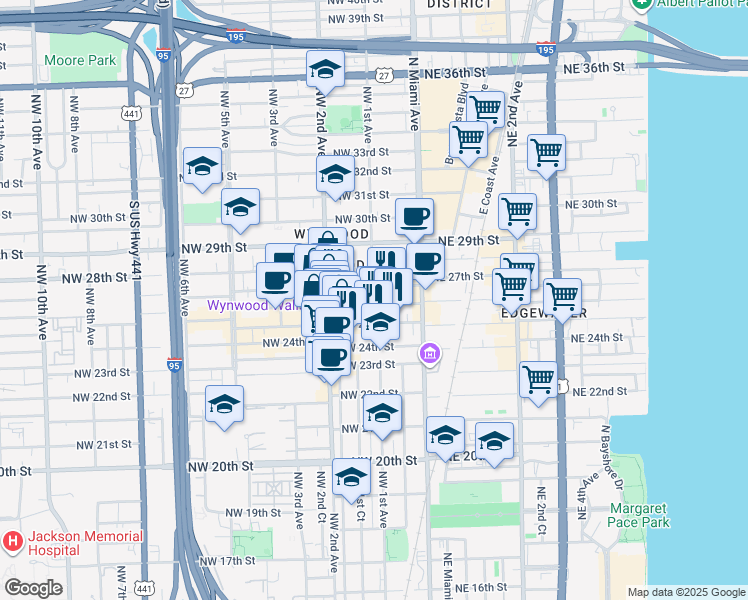 map of restaurants, bars, coffee shops, grocery stores, and more near in Miami