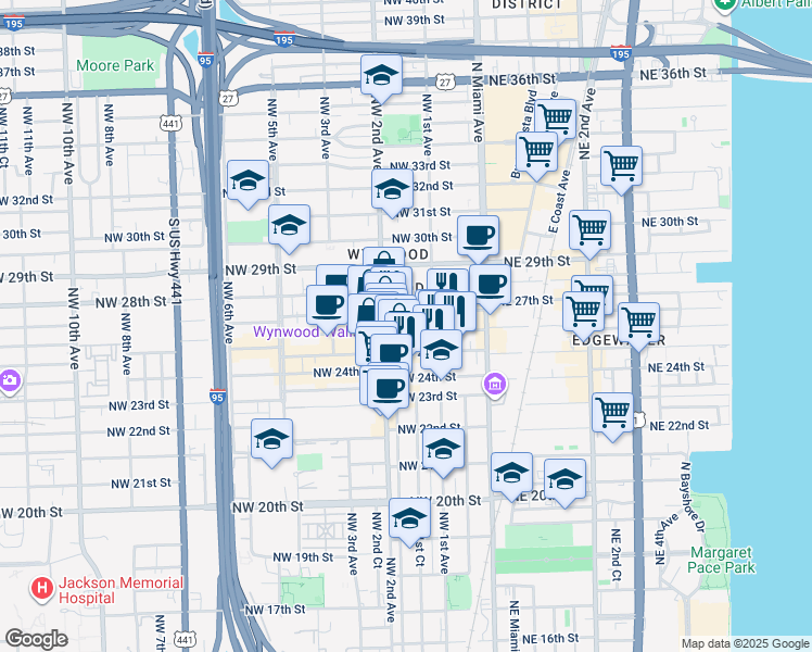 map of restaurants, bars, coffee shops, grocery stores, and more near in Miami