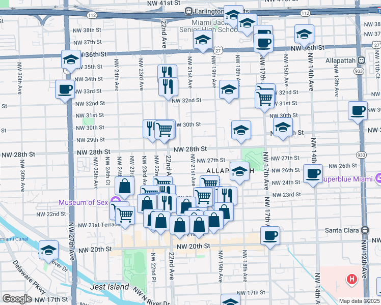 map of restaurants, bars, coffee shops, grocery stores, and more near 2137 Northwest 27th Street in Miami