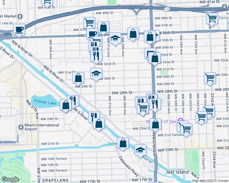 map of restaurants, bars, coffee shops, grocery stores, and more near 3075 Northwest 28th Street in Miami