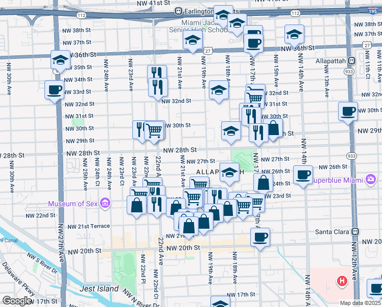 map of restaurants, bars, coffee shops, grocery stores, and more near 2022 Northwest 28th Street in Miami