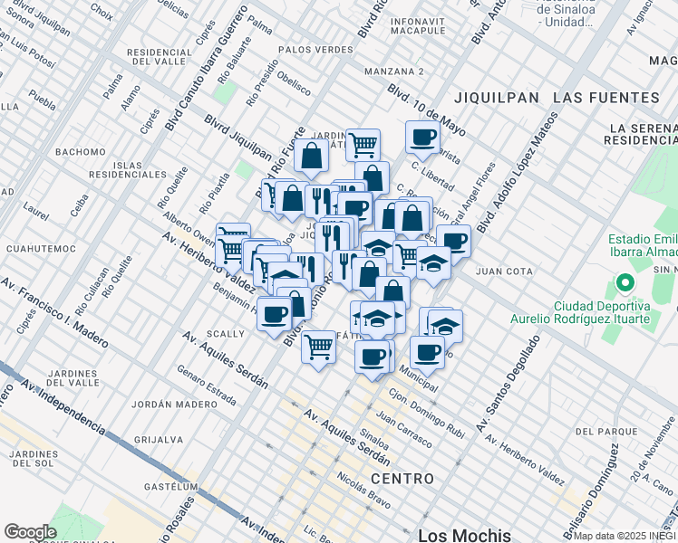 map of restaurants, bars, coffee shops, grocery stores, and more near 800 Boulevard Antonio Rosales in Los Mochis