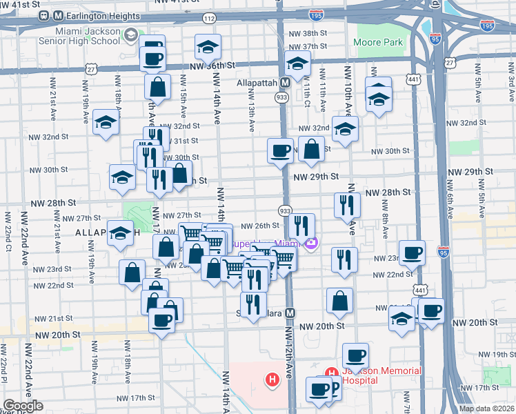 map of restaurants, bars, coffee shops, grocery stores, and more near 1290 Northwest 27th Street in Miami