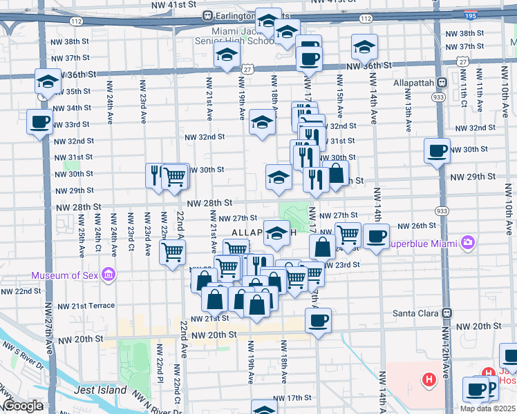map of restaurants, bars, coffee shops, grocery stores, and more near 1891 Northwest 27th Street in Miami
