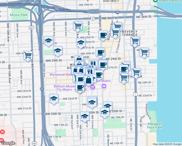 map of restaurants, bars, coffee shops, grocery stores, and more near in Miami