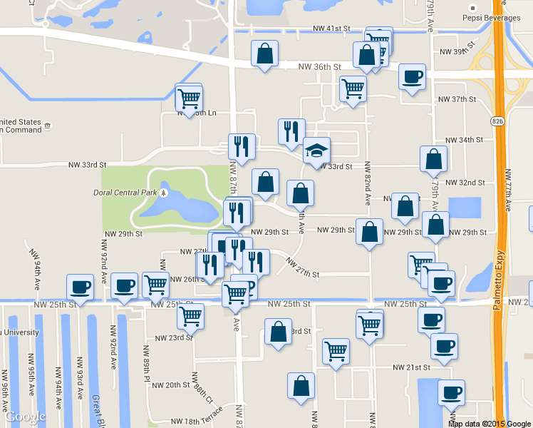 map of restaurants, bars, coffee shops, grocery stores, and more near 8600 Northwest 30th Terrace in Doral