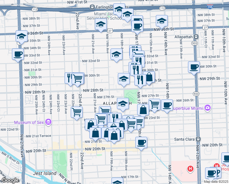 map of restaurants, bars, coffee shops, grocery stores, and more near 1891 Northwest 27th Street in Miami