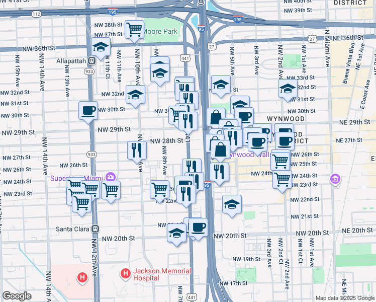 map of restaurants, bars, coffee shops, grocery stores, and more near 2690 Northwest 7th Avenue in Miami