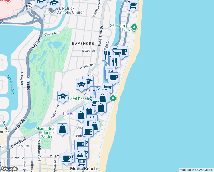map of restaurants, bars, coffee shops, grocery stores, and more near 2455 Flamingo Drive in Miami Beach