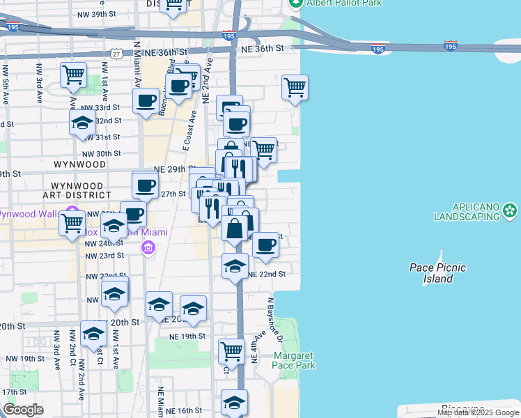 map of restaurants, bars, coffee shops, grocery stores, and more near in Miami