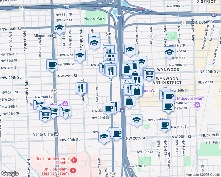 map of restaurants, bars, coffee shops, grocery stores, and more near 710 Northwest 28th Street in Miami