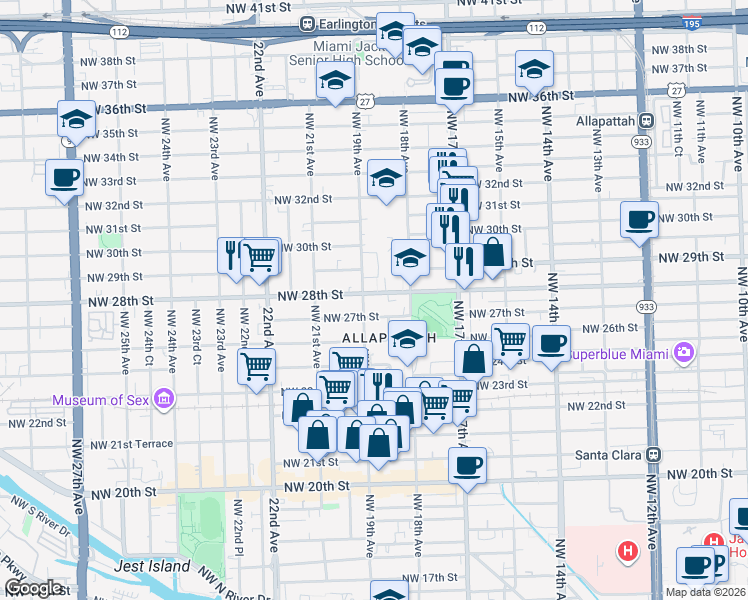 map of restaurants, bars, coffee shops, grocery stores, and more near 1891 Northwest 27th Street in Miami