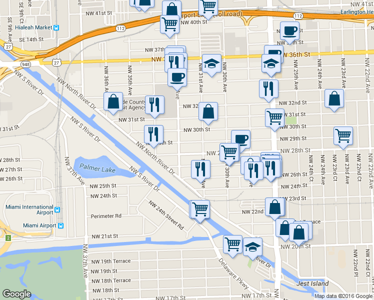 map of restaurants, bars, coffee shops, grocery stores, and more near 3144 Northwest 28th Street in Miami