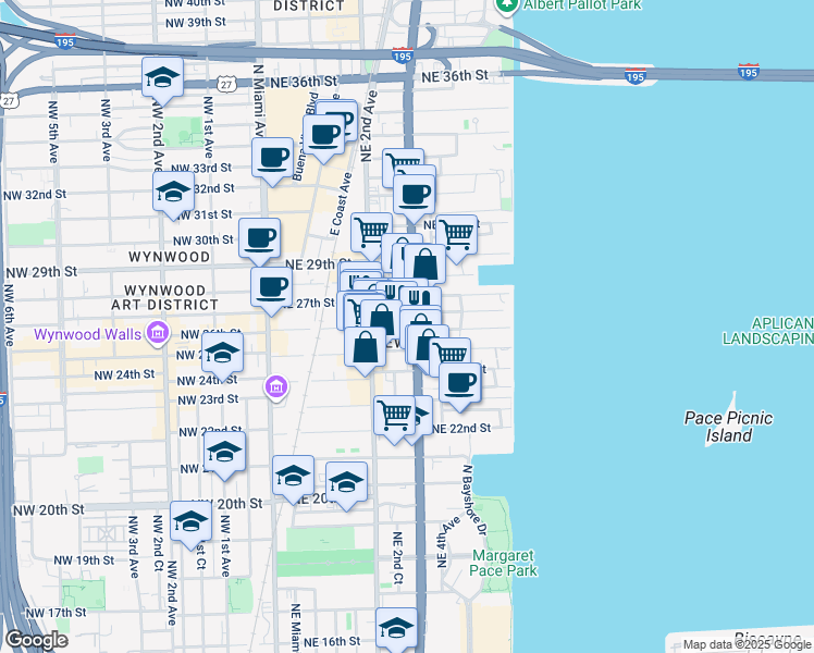 map of restaurants, bars, coffee shops, grocery stores, and more near in Miami