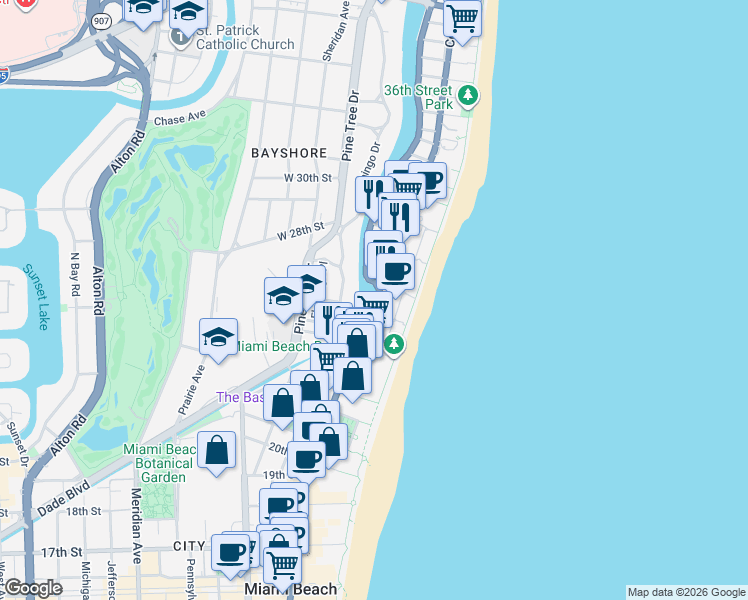 map of restaurants, bars, coffee shops, grocery stores, and more near 2455 Flamingo Drive in Miami Beach