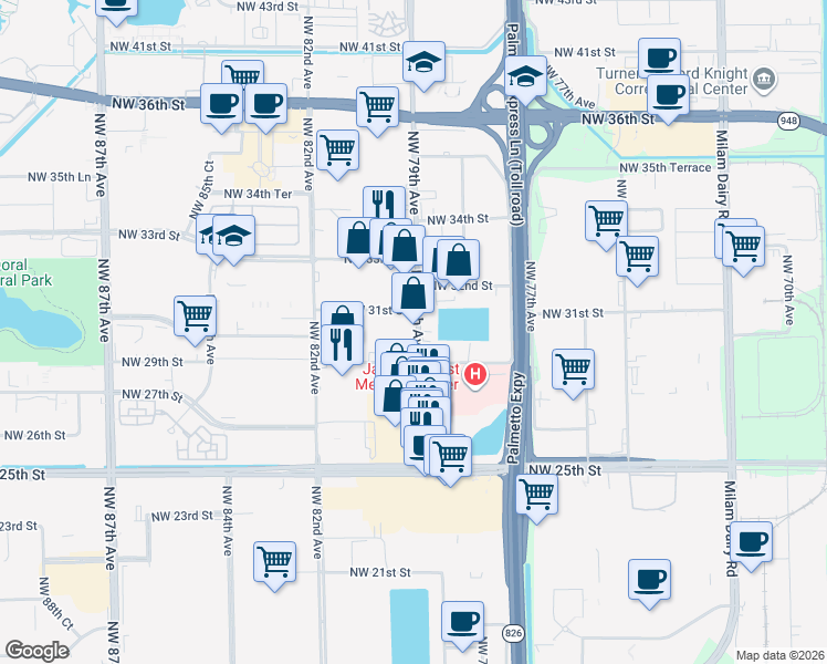 map of restaurants, bars, coffee shops, grocery stores, and more near 2981 Northwest 79th Avenue in Doral
