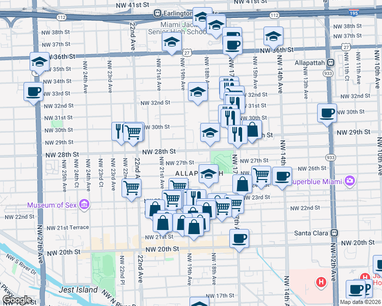 map of restaurants, bars, coffee shops, grocery stores, and more near 1891 Northwest 27th Street in Miami