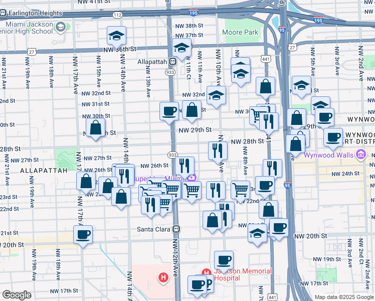 map of restaurants, bars, coffee shops, grocery stores, and more near 1134 Northwest 27th Street in Miami
