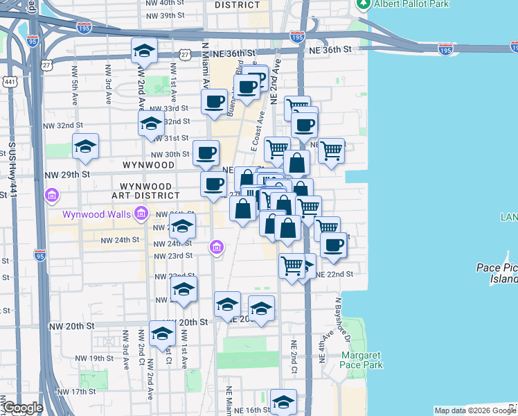 map of restaurants, bars, coffee shops, grocery stores, and more near 153 Northeast 26th Street in Miami