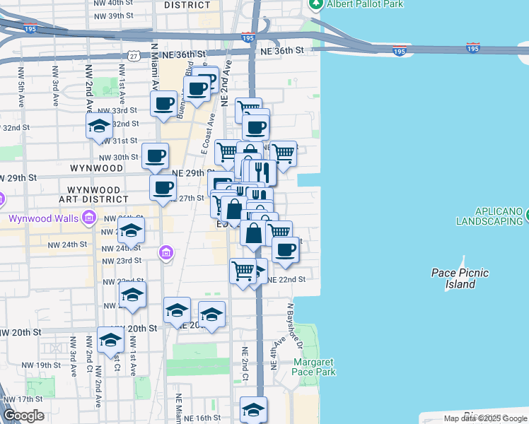 map of restaurants, bars, coffee shops, grocery stores, and more near 326 Northeast 26th Street in Miami
