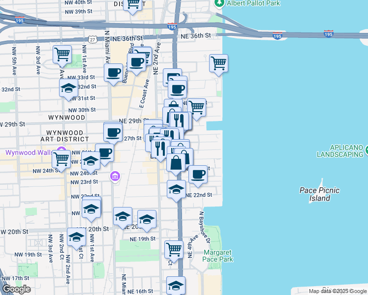 map of restaurants, bars, coffee shops, grocery stores, and more near 326 Northeast 26th Street in Miami
