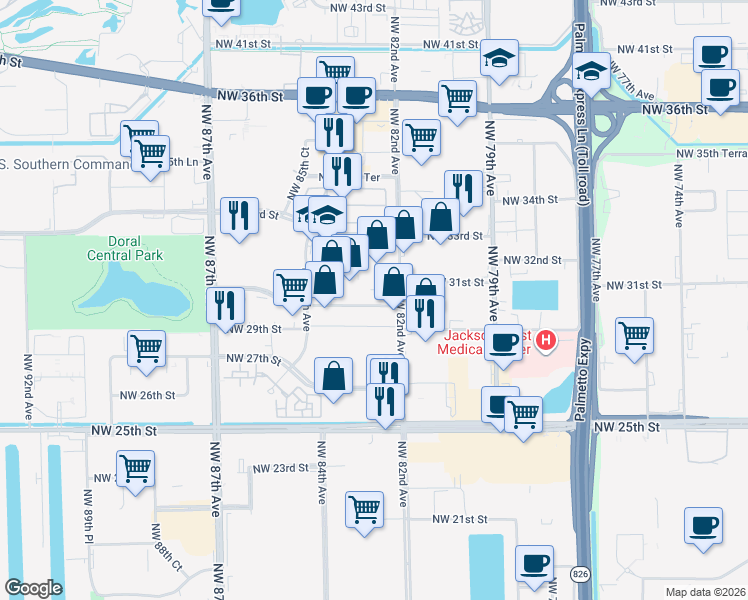 map of restaurants, bars, coffee shops, grocery stores, and more near 8232 Northwest 30th Terrace in Doral