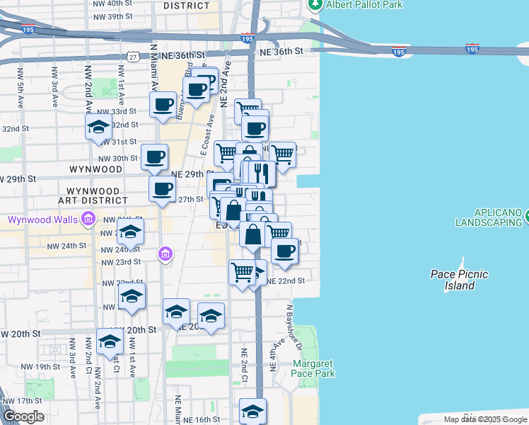 map of restaurants, bars, coffee shops, grocery stores, and more near 326 Northeast 26th Street in Miami
